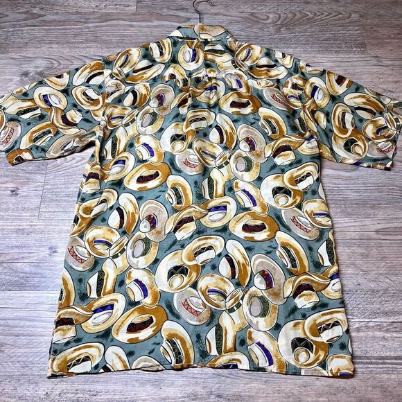 Hombre Mens Multicolor Hat Print 100% Silk Short Sleeve‎ Button Up Shirt Medium - Picture 8 of 8